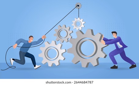 Employee with Gears Teamwork and Productivity, Business team working with large gears representing collaboration, teamwork, and productivity improvement in the workplace. modern vector, flat design.