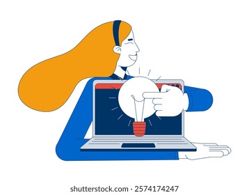 Employee generating new idea at work 2D illustration concept. Workplace inspiration. Woman presenting laptop with lightbulb cartoon character isolated on white. Metaphor abstract flat vector graphic