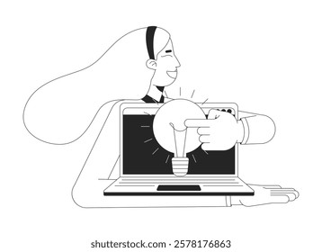 Employee generating new idea at work black and white 2D illustration concept. Workplace inspiration. Woman presenting laptop with lightbulb outline character isolated. Metaphor monochrome vector art