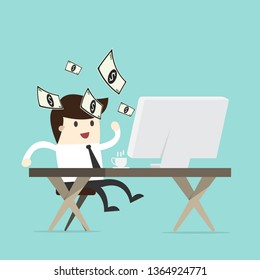 Employee Is Getting Paid Online. Get  Money With Dollar Sign From Internet ,Vector Art Design