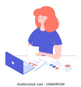 Employee girl sitting in the office at the desk. Laptop, documents, cup of coffee. Working time. Vector illustration.