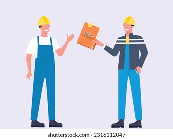 Employee giving report to employer and person giving construction work report to construction worker, handover working and safety report to workers. Handing over working report files for construction