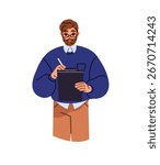 Employee with glasses takes notes on clipboard. Man with beard writes, signs business documents. Office worker stands, holds tablet for papers. Flat isolated vector illustration on white background