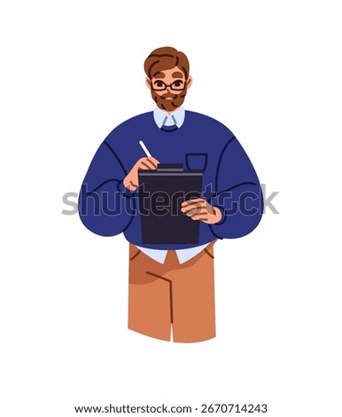 Employee with glasses takes notes on clipboard. Man with beard writes, signs business documents. Office worker stands, holds tablet for papers. Flat isolated vector illustration on white background