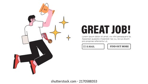 Employee with gold goblet or cup jump happy celebrating victory. Success and achievement in business or career concept. Man win fisrt place in competition. Idea of ​​leadership, victory, success.