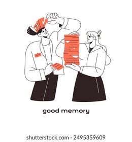 Employee with good memory concept. Soft skills, ability of holding many data in mind. Office worker remembers lots of information. Flat isolated outline vector illustration on white background