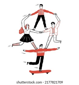 An employee or group of people performing acrobatics, Hand drawn vector illustration doodle style.