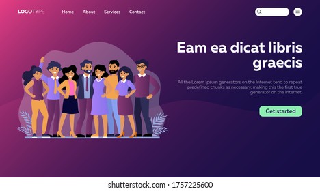 Employee group portrait flat vector illustration. Cartoon happy business team, colleagues standing together. Staff and corporate professionals concept