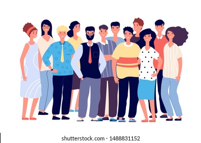 Employee group portrait. Young smiling people, business team. Happy laughing teenagers friends together. Vector cartoon characters