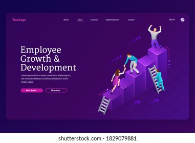 Employee Growth And Development Banner. Concept Of Success In Career, Professional Progress, Teamwork And Mutual Support In Business. Vector Isometric Illustration Of People Rise Up On Stairs