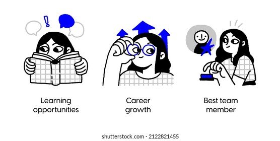 Employee Growth and Professional Development- set of business concept illustrations. Learning opportunities, career growth, best team member. Visual stories collection