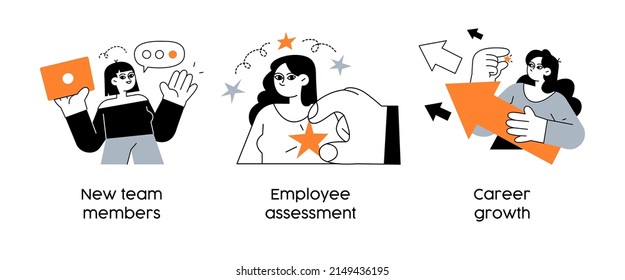 Employee Growth And Professional Development- Set Of Business Concept Illustrations. New Team Members, Employee Assessment, Career Growth. Visual Stories Collection