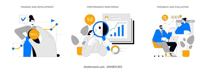 Employee Growth set. Skills enhancement, continuous performance review, and constructive feedback loop. Steps for career progression in the corporate world. Vector illustratio