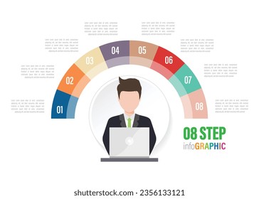 Gráficos de media circunferencia de empleados para infografías. Elementos con 3, 4, 5, 6, 7, 8, 9, 10 pasos, opciones.