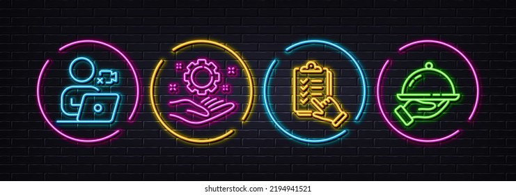 Employee Hand, Checklist And Video Conference Minimal Line Icons. Neon Laser 3d Lights. Restaurant Food Icons. For Web, Application, Printing. Work Gear, Questioning Clipboard, Online Training