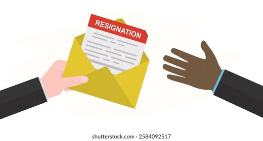 Employee hand give envelope with resignation letter to the boss hand. Letter of resignation paper document, Resignation of the government or workers, business concept. flat vector illustration