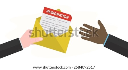 Employee hand give envelope with resignation letter to the boss hand. Letter of resignation paper document, Resignation of the government or workers, business concept. flat vector illustration