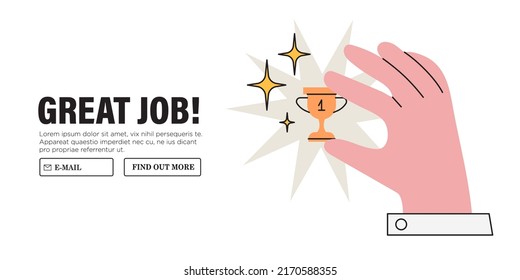 Employee hand hold gold goblet or cup celebrating victory. Success and achievement in business or career concept. Man or woman win fisrt place in competition. Idea of ​​leadership, victory, success.