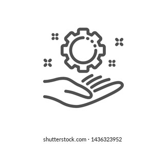 Employee hand line icon. Work gear sign. Development cogwheel symbol. Quality design element. Linear style employee hand icon. Editable stroke. Vector