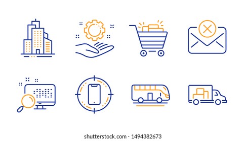 Employee hand, Reject mail and Search line icons set. Smartphone target, Skyscraper buildings and Shopping cart signs. Bus tour, Truck transport symbols. Work gear, Delete letter. Vector