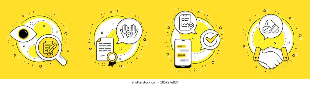 Employee hand, Report checklist and Feather signature line icons set. Licence, cell phone and deal vector icons. Medical drugs sign. Work gear, Sales growth file, Feedback. Medicine pills. Vector