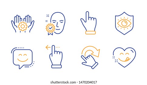 Employee hand, Rotation gesture and Face verified line icons set. Touchscreen gesture, Click hand and Eye protection signs. Smile face, Yummy smile symbols. Work gear, Undo. People set. Vector