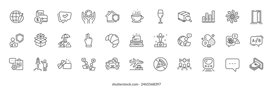 Employee hand, Search package and Car leasing line icons. Pack of Coffee cup, Cash, Packing boxes icon. Wineglass, Graph chart, Croissant pictogram. Versatile, Shield, Opened gift. Line icons. Vector