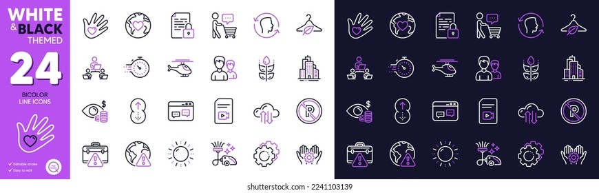 Employee hand, Social responsibility and Business vision line icons for website, printing. Collection of No parking, Settings gears, Timer icons. Vacuum cleaner, Warning briefcase. Vector