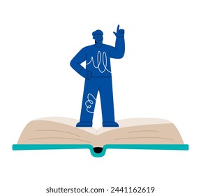 Employee handbook. Man standing on book.  Colorful vector illustration