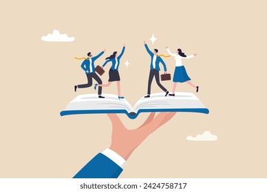 Employee handbook, manual for onboarding new staff, procedure or rule for welcome new hire to know company, business manual for success concept, businessman hand holding handbook with new employees.