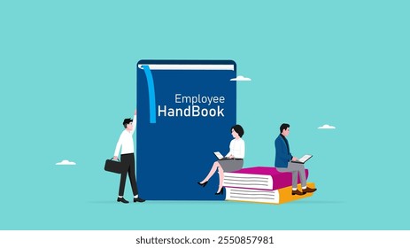 manual do funcionário, livro de procedimentos ou regras da empresa, guia de introdução da empresa para novos funcionários, manual de negócios para o sucesso, funcionários masculinos e femininos ler e entender o manual do funcionário