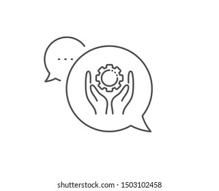 Employee hands line icon. Chat bubble design. Work gear sign. Development cogwheel symbol. Outline concept. Thin line employee hand icon. Vector