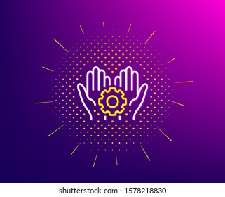 Employee hands line icon. Halftone pattern. Work gear sign. Development cogwheel symbol. Gradient background. Employee hand line icon. Yellow halftone pattern. Vector