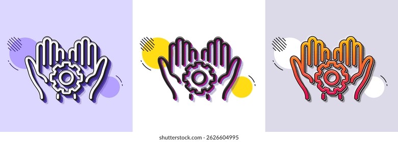 Employee hands line icon. Halftone dotted pattern. Gradient icon with grain shadow. Work gear sign. Development cogwheel symbol. Line employee hand icon. Various designs. Vector