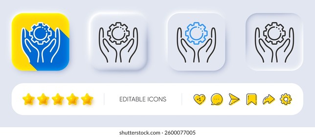 Employee hands line icon. Neumorphic, Flat shadow, 3d buttons. Work gear sign. Development cogwheel symbol. Line employee hand icon. Social media icons. Vector