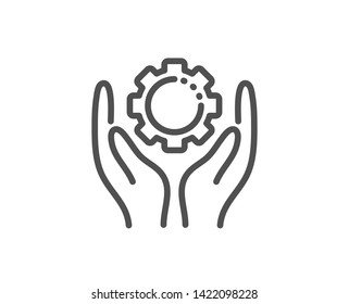 Employee hands line icon. Work gear sign. Development cogwheel symbol. Quality design element. Linear style employee hand icon. Editable stroke. Vector