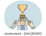 Employee hands reaching golden trophy work for achievement or acknowledgement. Businesspeople strive for gold prize. Business rivalry and leadership. Vector illustration.