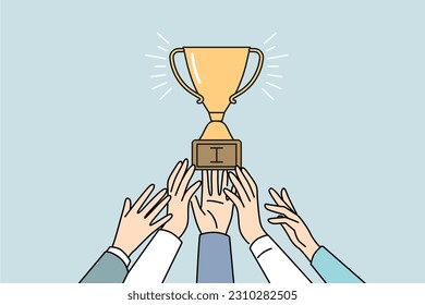 Employee hands reaching golden trophy work for achievement or acknowledgement. Businesspeople strive for gold prize. Business rivalry and leadership. Vector illustration. 