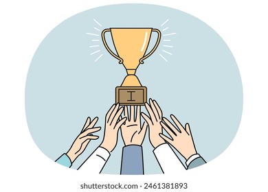 Employee hands reaching golden trophy work for achievement or acknowledgement. Businesspeople strive for gold prize. Business rivalry and leadership. Vector illustration.