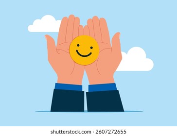 Employee happiness. Hand holding smile face, positive thinking, mental health assessment. Flat vector illustration