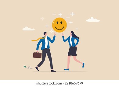 Employee happiness, job satisfaction or company benefit, happy workplace or positive attitude, work motivation concept, happy businessman and woman holding smiling face symbol in joyful workplace.