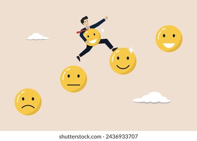 Employee happiness, joyful work or optimistic concept, emotional intelligence to improve success, businessman jumps from anxiety to fun smiley face emoticon by bringing fun emoticon