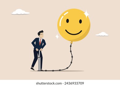 Employee happiness, joyful work or optimistic concept, emotional intelligence to improve success, businessman inflating an air pump into a fun smiley face emoticon