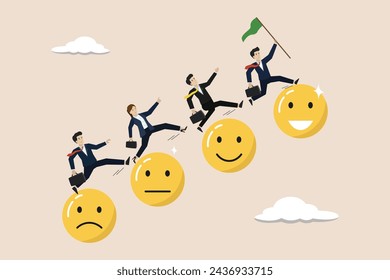 	
Employee happiness, joyful work or optimistic concept, emotional intelligence to improve success, business people jump from anxiety to delight smiling face emoticon