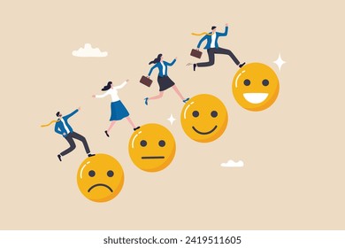 Employee happiness, wellbeing or positive attitude, emotional intelligence to improve success, joyful work or optimistic concept, business people jump from anxiety to delight smiling face emoticon.