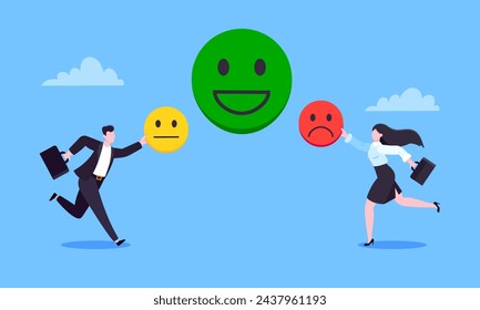 Employee happiness and work attitude feedback business concept flat style vector illustration. Business people with various feedback emoticons. Working wellbeing and satisfaction feedback