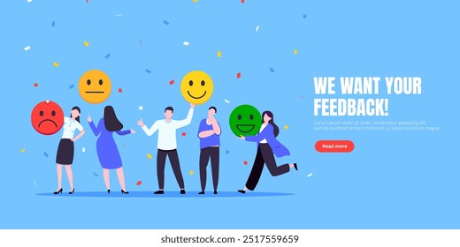 Employee happiness and work attitude feedback business concept flat style vector illustration. Business people with various feedback emoticons. Working wellbeing and satisfaction feedback