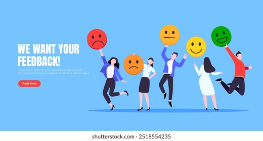 Employee happiness and work attitude feedback business concept flat style vector illustration. Business people with various feedback emoticons. Working wellbeing and satisfaction feedback