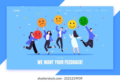 Employee happiness and work attitude feedback business concept flat style vector illustration. Business people with various feedback emoticons. Working wellbeing and satisfaction feedback