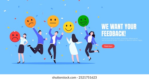 Employee happiness and work attitude feedback business concept flat style vector illustration. Business people with various feedback emoticons. Working wellbeing and satisfaction feedback